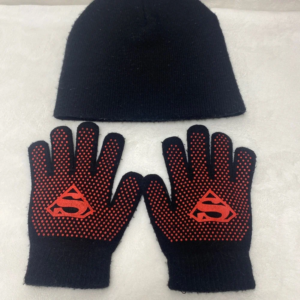 VTG Childs Superman Knit Beanie Hat Gloves‎ Set Black Red S Shield Logo Winter